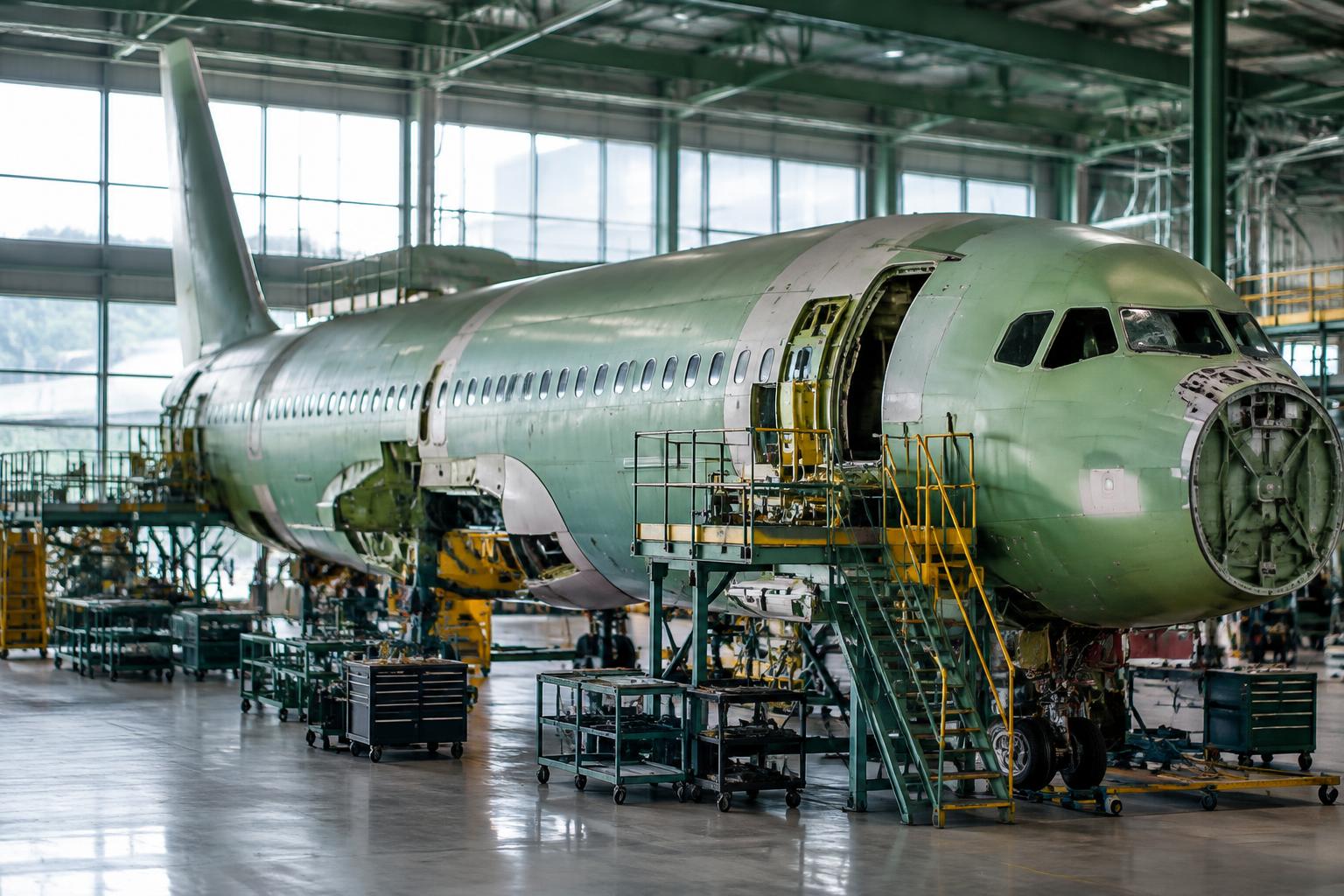 Commercial aircraft fuselage under assembly in an aerospace manufacturing hall
